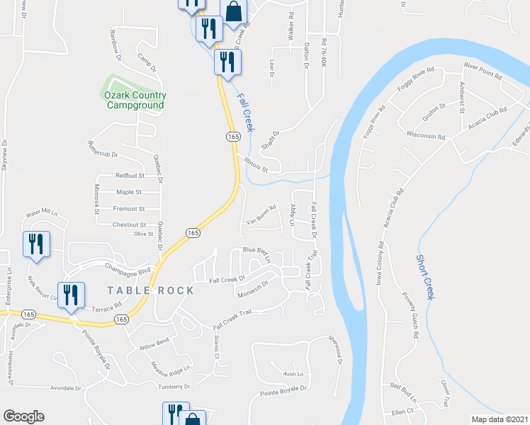 map of restaurants, bars, coffee shops, grocery stores, and more near 337 Van Buren Road in Branson