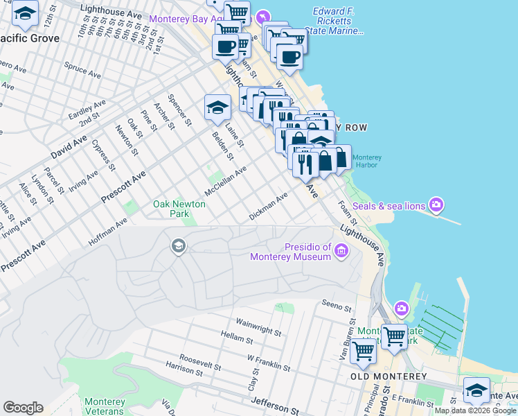 map of restaurants, bars, coffee shops, grocery stores, and more near 301 Belden Street in Monterey