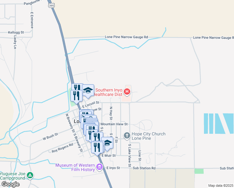 map of restaurants, bars, coffee shops, grocery stores, and more near 451 East Locust Street in Lone Pine