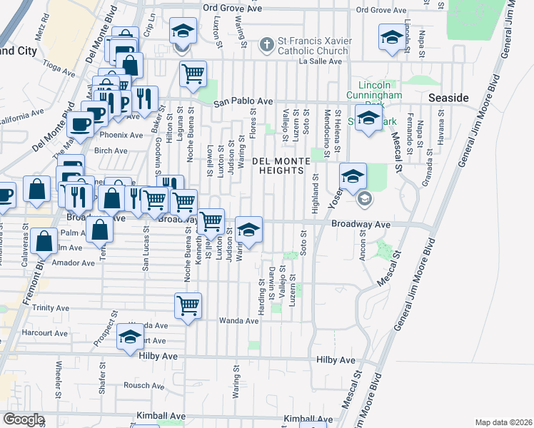 map of restaurants, bars, coffee shops, grocery stores, and more near 1602 Harding Street in Seaside