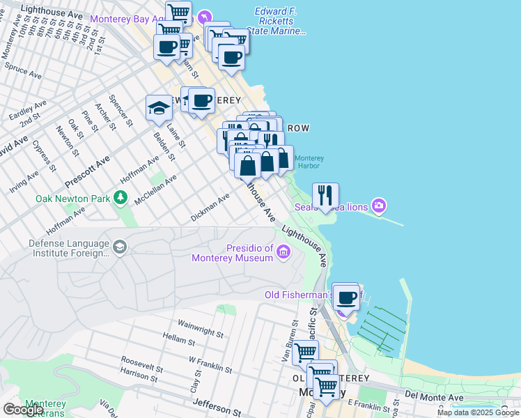 map of restaurants, bars, coffee shops, grocery stores, and more near 198 Hawthorne Street in Monterey