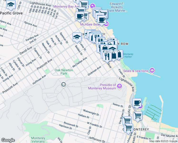 map of restaurants, bars, coffee shops, grocery stores, and more near in Monterey