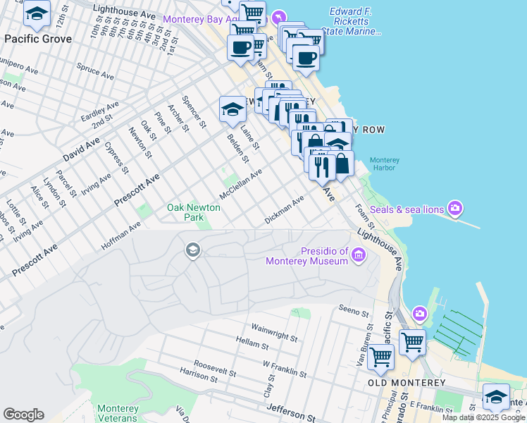 map of restaurants, bars, coffee shops, grocery stores, and more near 360 Archer Street in Monterey