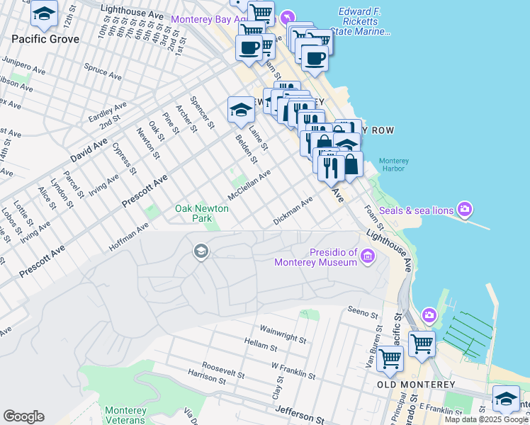 map of restaurants, bars, coffee shops, grocery stores, and more near 360 Archer Street in Monterey