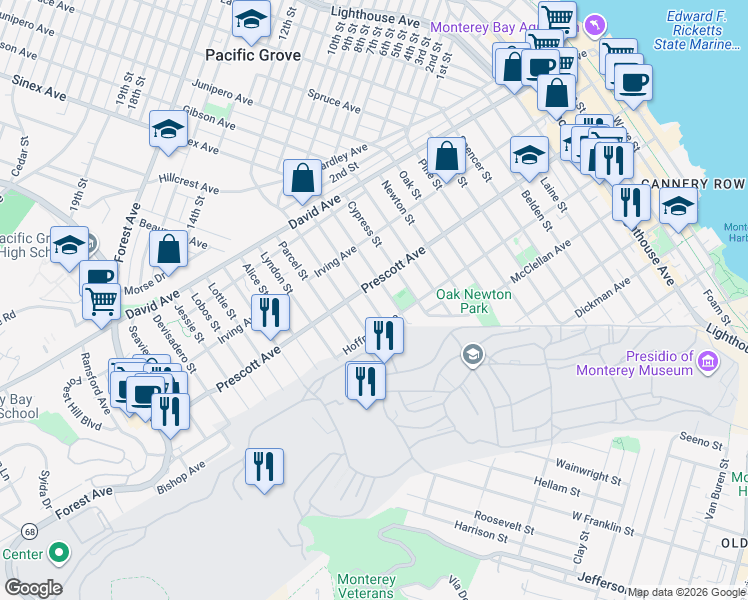 map of restaurants, bars, coffee shops, grocery stores, and more near 636 Grace Street in Monterey