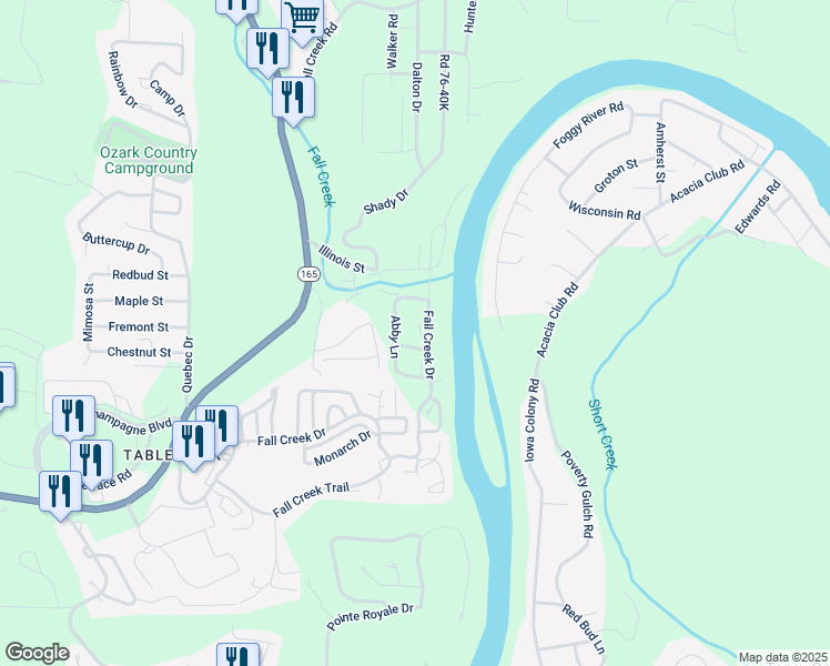 map of restaurants, bars, coffee shops, grocery stores, and more near 610 Abby Lane in Branson