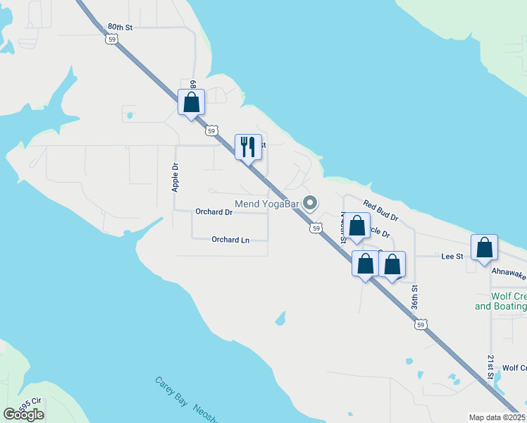 map of restaurants, bars, coffee shops, grocery stores, and more near 1401 Orchard Drive in Grove