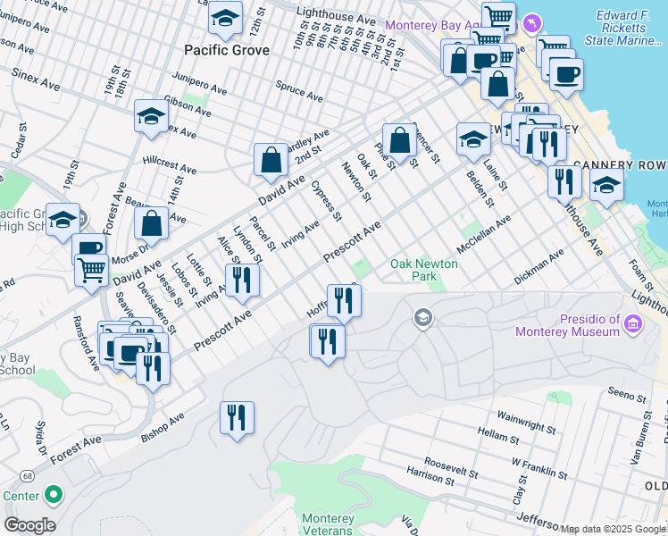 map of restaurants, bars, coffee shops, grocery stores, and more near 650 Grace Street in Monterey
