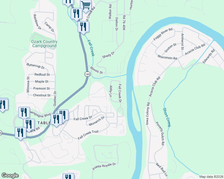 map of restaurants, bars, coffee shops, grocery stores, and more near 610 Abby Lane in Branson