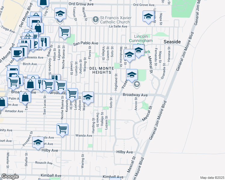 map of restaurants, bars, coffee shops, grocery stores, and more near 1610 Soto Street in Seaside