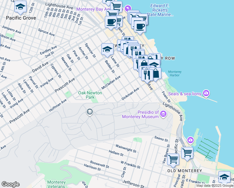 map of restaurants, bars, coffee shops, grocery stores, and more near 701 Drake Avenue in Monterey