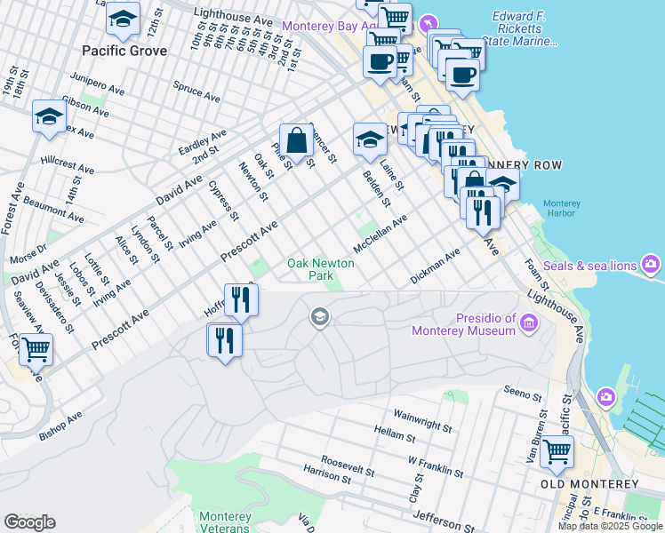 map of restaurants, bars, coffee shops, grocery stores, and more near McClellan Avenue & Oak Street in Monterey