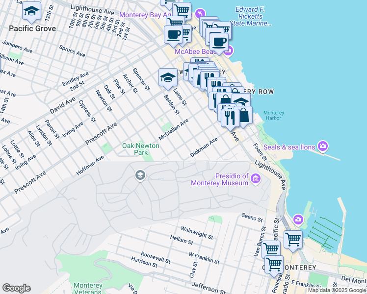 map of restaurants, bars, coffee shops, grocery stores, and more near 360 Archer Street in Monterey