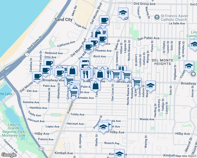 map of restaurants, bars, coffee shops, grocery stores, and more near 1105 Broadway Avenue in Seaside