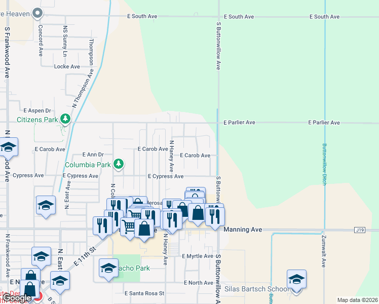 map of restaurants, bars, coffee shops, grocery stores, and more near 1437 North Cedar Avenue in Reedley
