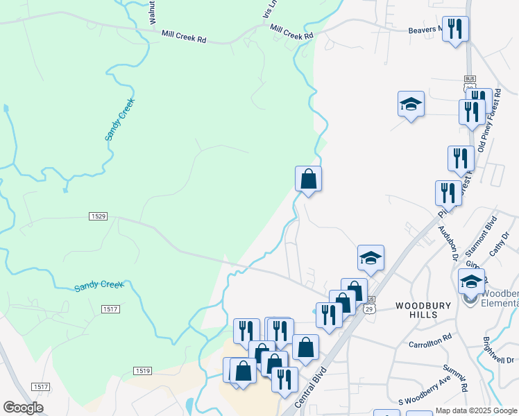 map of restaurants, bars, coffee shops, grocery stores, and more near 494 Parker Road in Danville