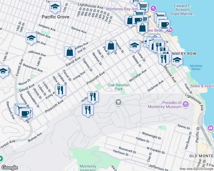 map of restaurants, bars, coffee shops, grocery stores, and more near 1201 Hoffman Avenue in Monterey