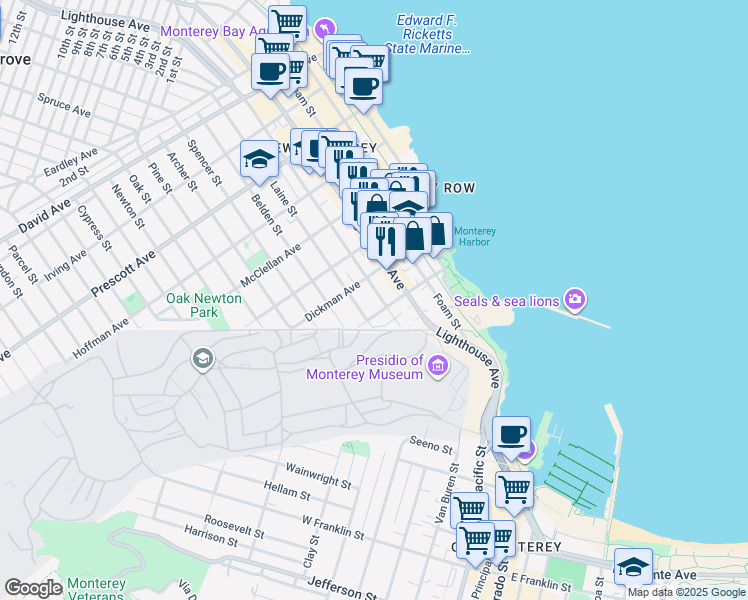 map of restaurants, bars, coffee shops, grocery stores, and more near 225 Laine Street in Monterey