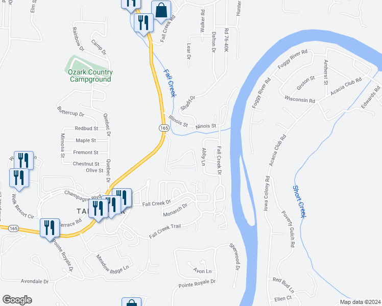 map of restaurants, bars, coffee shops, grocery stores, and more near 372 Van Buren Road in Branson