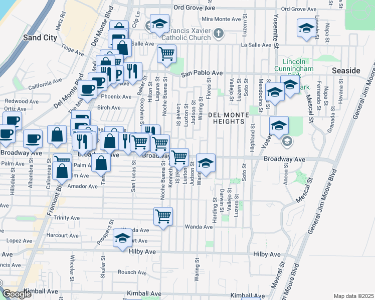 map of restaurants, bars, coffee shops, grocery stores, and more near 1360 Broadway Avenue in Seaside