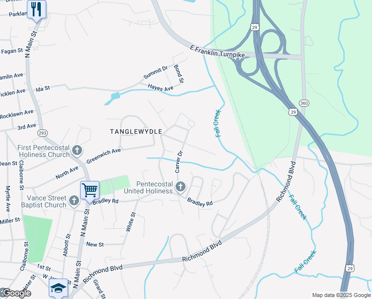 map of restaurants, bars, coffee shops, grocery stores, and more near 200-284 Carver Drive in Danville