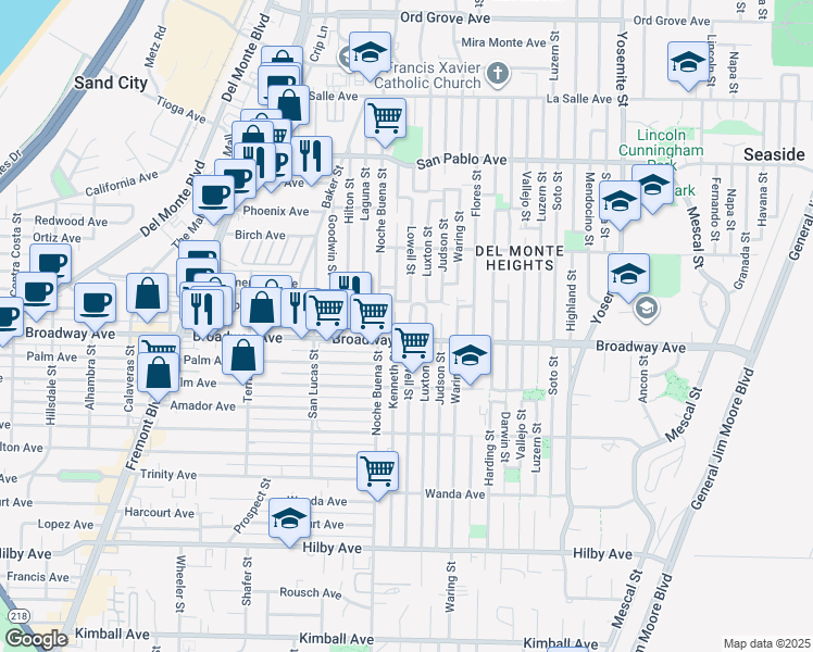 map of restaurants, bars, coffee shops, grocery stores, and more near 1360 Broadway Avenue in Seaside