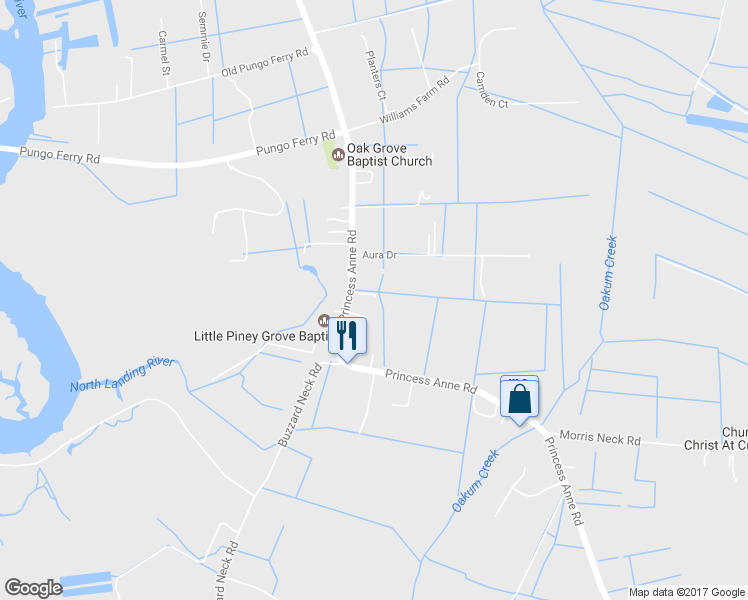 map of restaurants, bars, coffee shops, grocery stores, and more near 664 Princess Anne Road in Virginia Beach