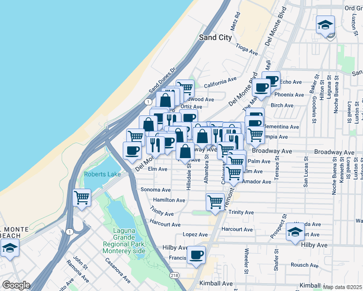 map of restaurants, bars, coffee shops, grocery stores, and more near 570 Broadway Avenue in Seaside