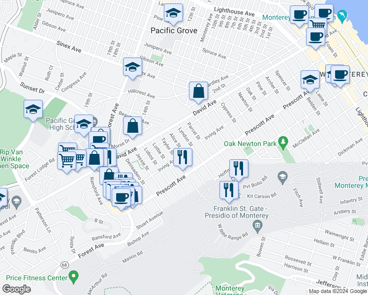 map of restaurants, bars, coffee shops, grocery stores, and more near 798 Alice Street in Monterey