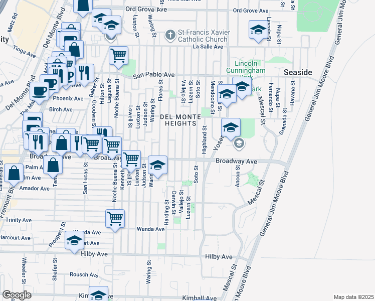 map of restaurants, bars, coffee shops, grocery stores, and more near 1615 Luzern Street in Seaside