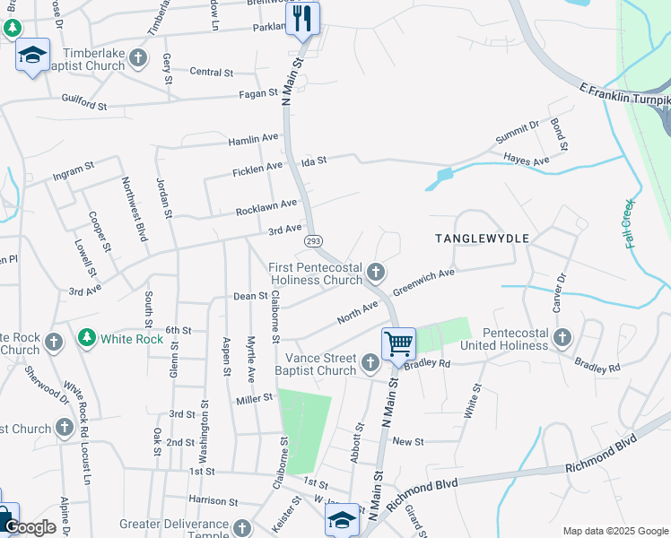 map of restaurants, bars, coffee shops, grocery stores, and more near 1911 North Main Street in Danville