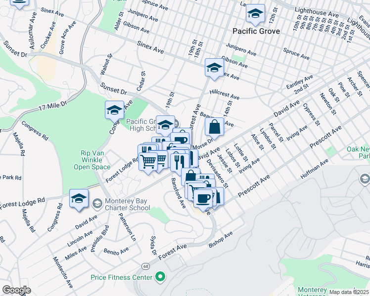map of restaurants, bars, coffee shops, grocery stores, and more near 1042 Forest Avenue in Pacific Grove