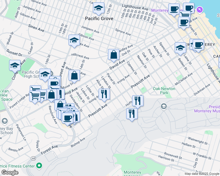 map of restaurants, bars, coffee shops, grocery stores, and more near Irving Avenue & Lyndon Street in Monterey