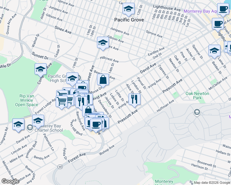 map of restaurants, bars, coffee shops, grocery stores, and more near 879 Lottie Street in Monterey