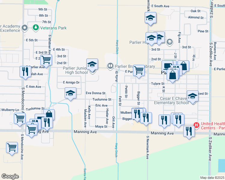 map of restaurants, bars, coffee shops, grocery stores, and more near 1105 Tulare Street in Parlier