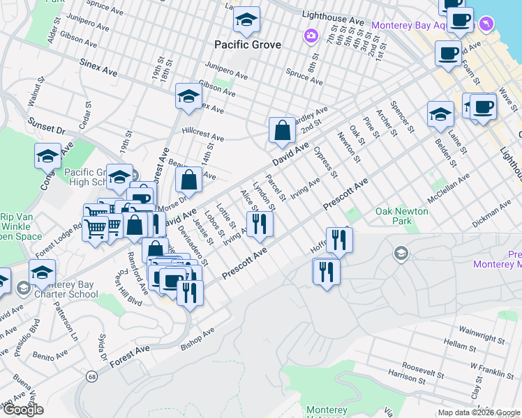 map of restaurants, bars, coffee shops, grocery stores, and more near 810 Alice Street in Monterey