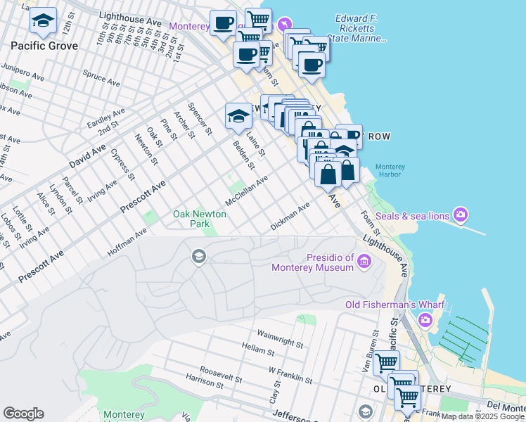 map of restaurants, bars, coffee shops, grocery stores, and more near Spencer Street & Drake Avenue in Monterey