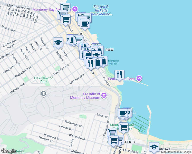 map of restaurants, bars, coffee shops, grocery stores, and more near Lighthouse Avenue & Reeside Avenue in Monterey