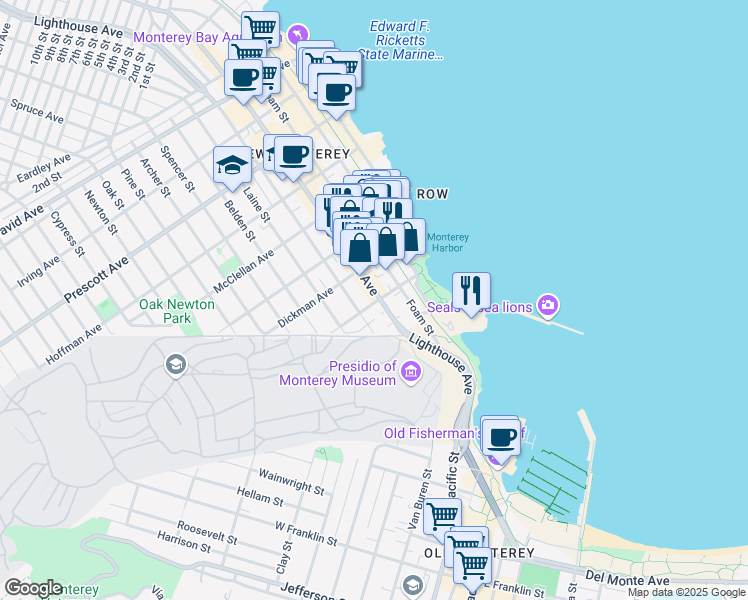 map of restaurants, bars, coffee shops, grocery stores, and more near 198 Hawthorne Street in Monterey