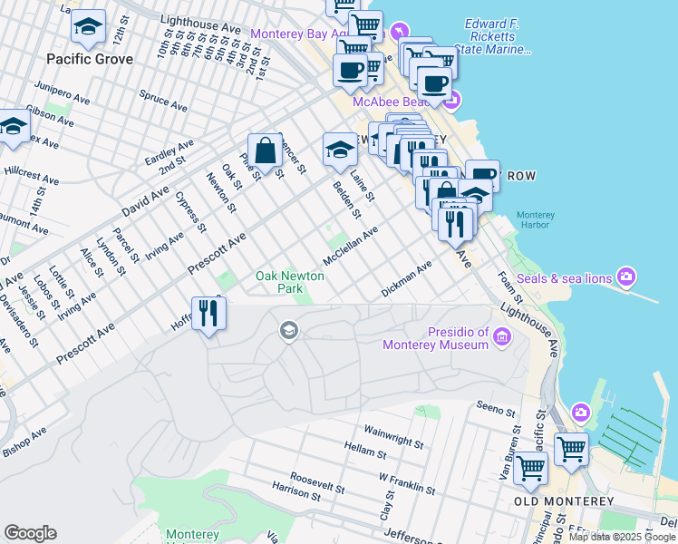 map of restaurants, bars, coffee shops, grocery stores, and more near 457 Archer Street in Monterey