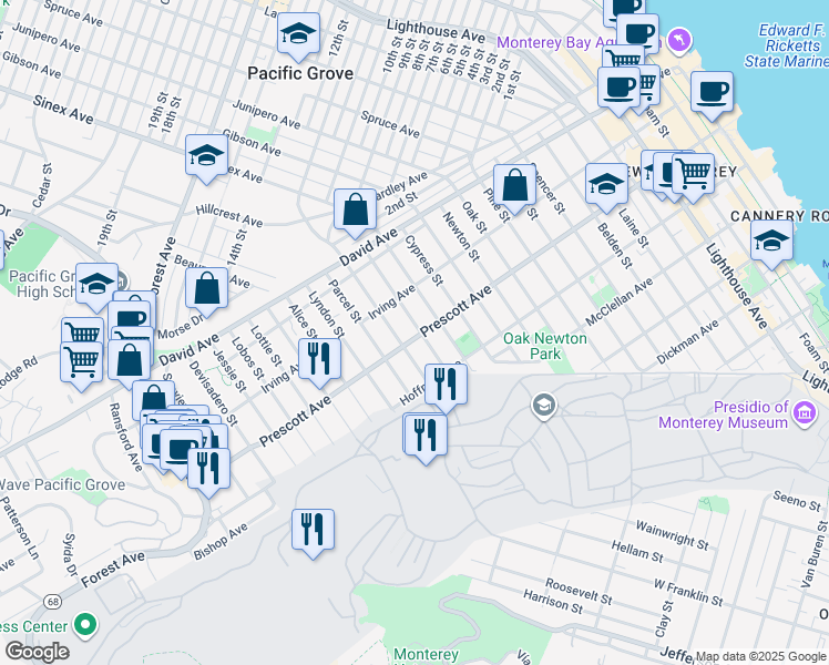 map of restaurants, bars, coffee shops, grocery stores, and more near 705 Grace Street in Monterey