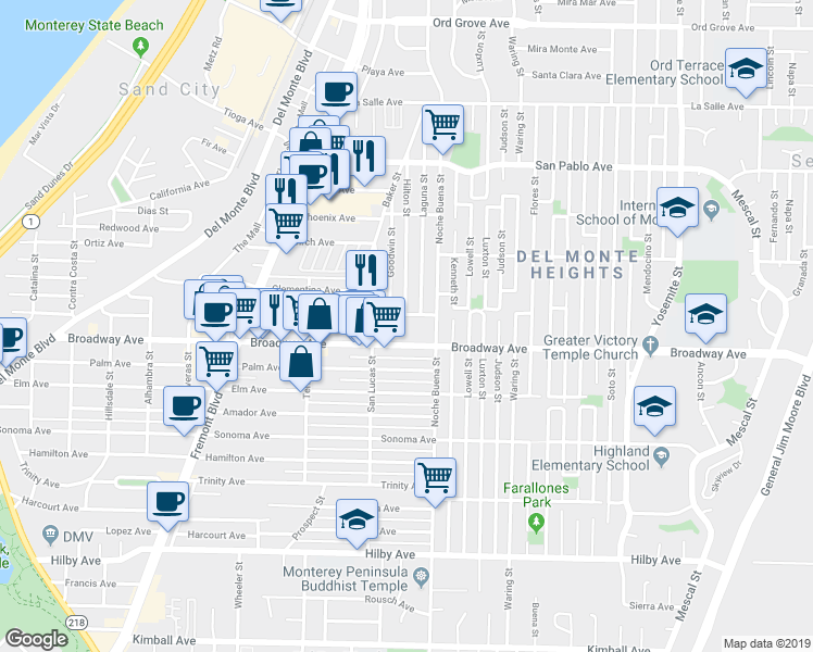 map of restaurants, bars, coffee shops, grocery stores, and more near 1252 Olympia Avenue in Seaside