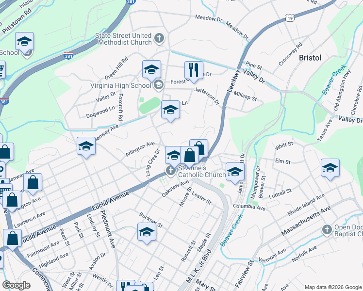 map of restaurants, bars, coffee shops, grocery stores, and more near 100-298 Arlington Avenue in Bristol