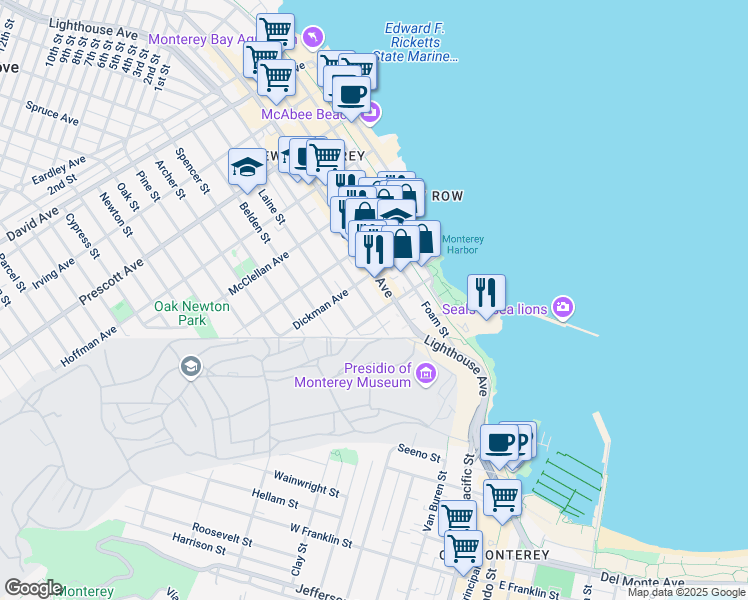 map of restaurants, bars, coffee shops, grocery stores, and more near 198 Hawthorne Street in Monterey