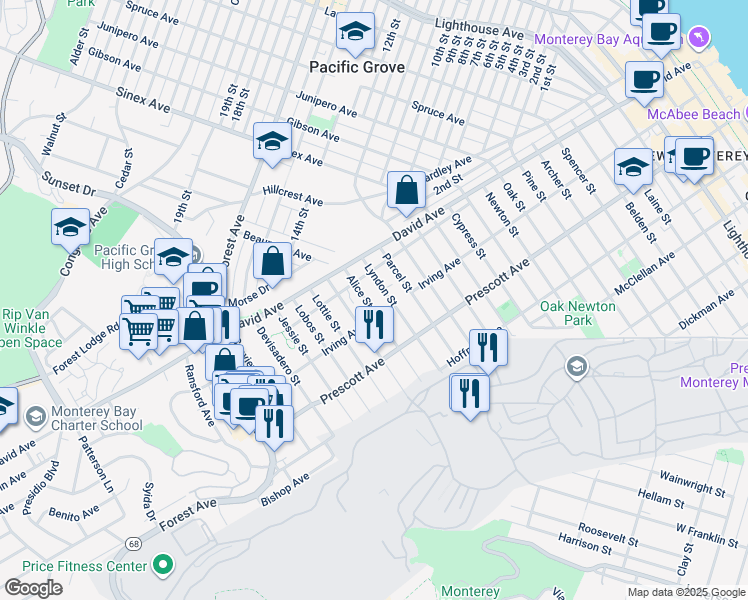 map of restaurants, bars, coffee shops, grocery stores, and more near in Monterey