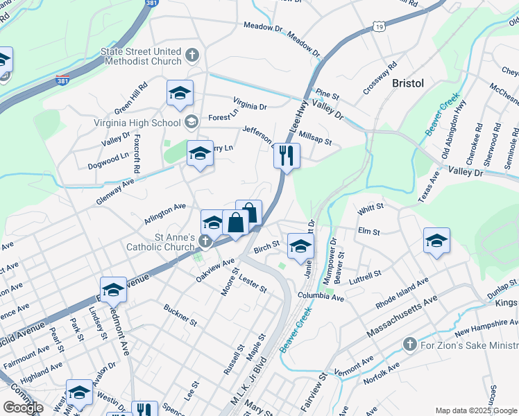 map of restaurants, bars, coffee shops, grocery stores, and more near 1-49 Euclid Avenue Extension in Bristol