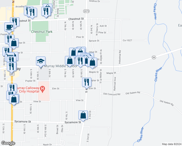 map of restaurants, bars, coffee shops, grocery stores, and more near 203 South 4th Street in Murray