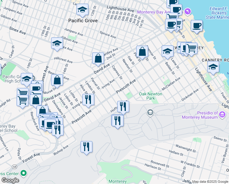map of restaurants, bars, coffee shops, grocery stores, and more near 705 Grace Street in Monterey