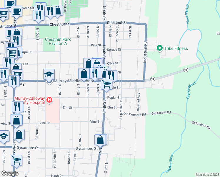 map of restaurants, bars, coffee shops, grocery stores, and more near 208 South Cherry Street in Murray