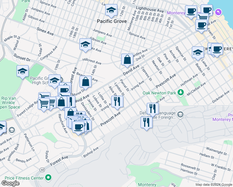 map of restaurants, bars, coffee shops, grocery stores, and more near 824 Alice Street in Monterey